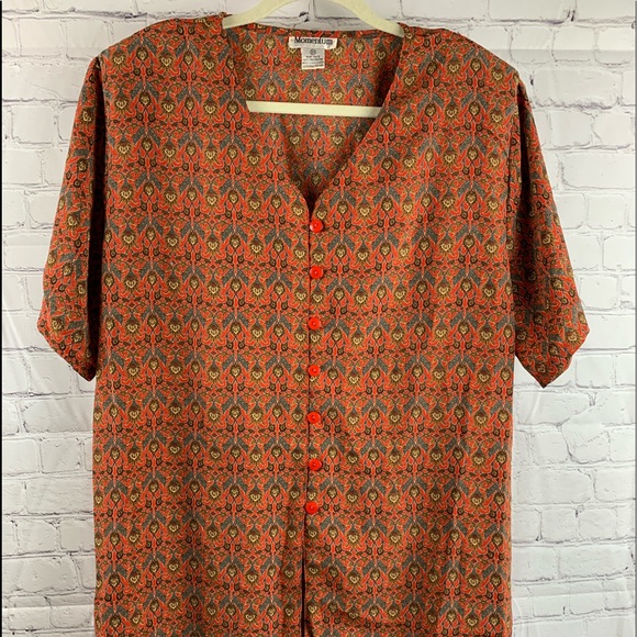 VINTAGE MOMENTUM Blouse 1960’s Red Floral & Geometric Print - Picture 1 of 13